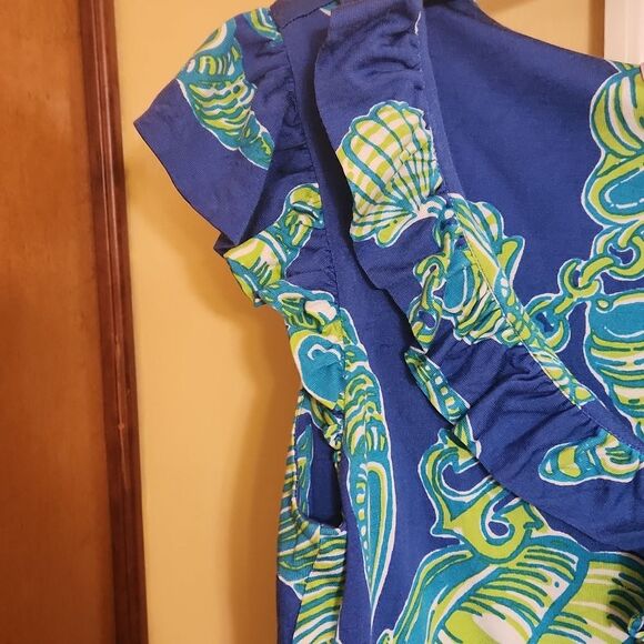 Lilly Pulitzer "Fallin' in Love" Blue & Green Dress w/ Ruffled Neckline Size M - Picture 4 of 9